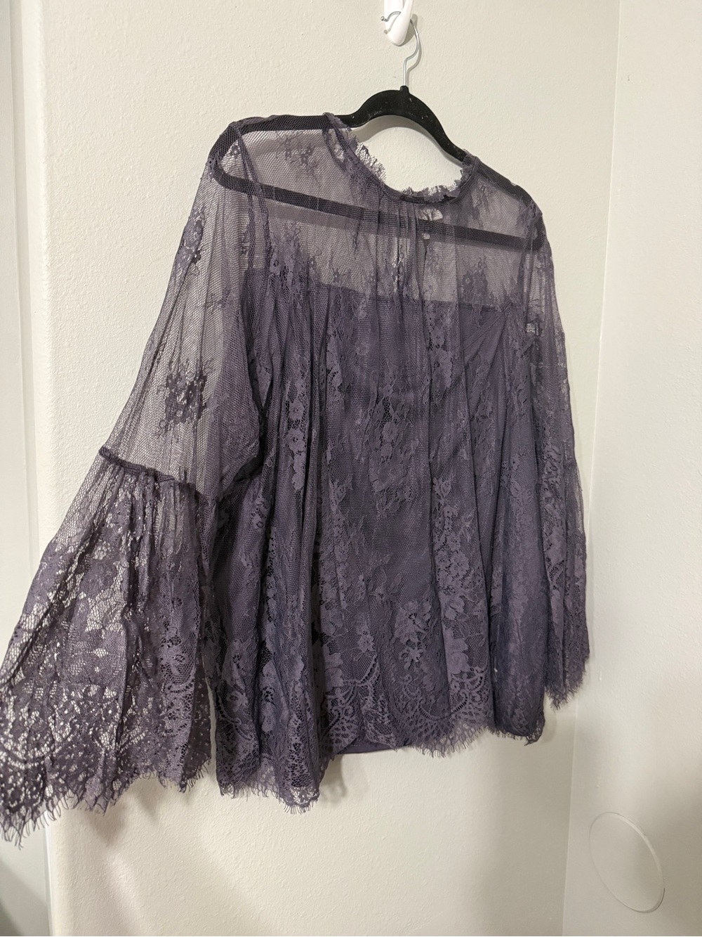 Cato Sheer High Neck Lace Bell Sleeve Blouse in Smoky Purple 22/24W Whimsigoth